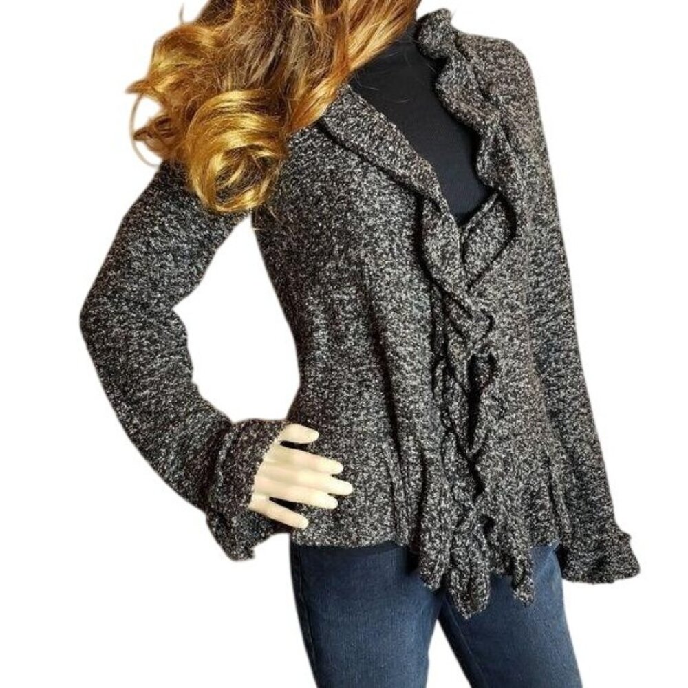 Kim Rogers Ruffled Peplum knit Cardigan Sweater Size M Black White Cotton Blend